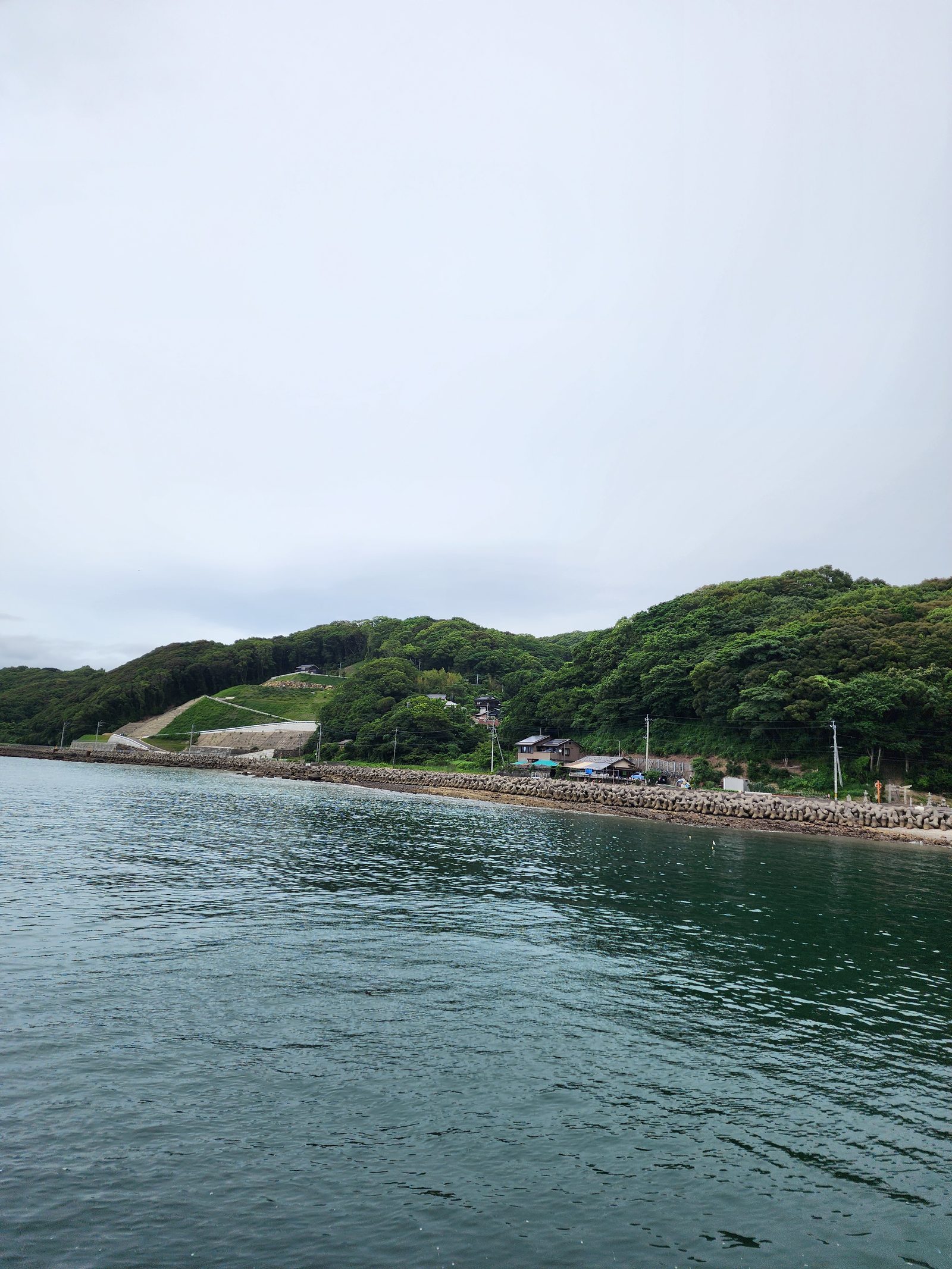 수상버스에서 본 숲이 우거진 사세보 해안과 방파제